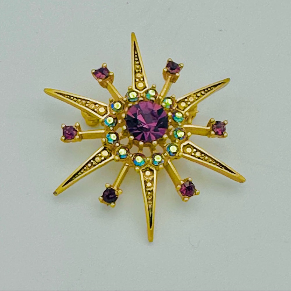 Goldtone Sunburst Amethyst Color Crystal Brooch - Picture 2 of 7